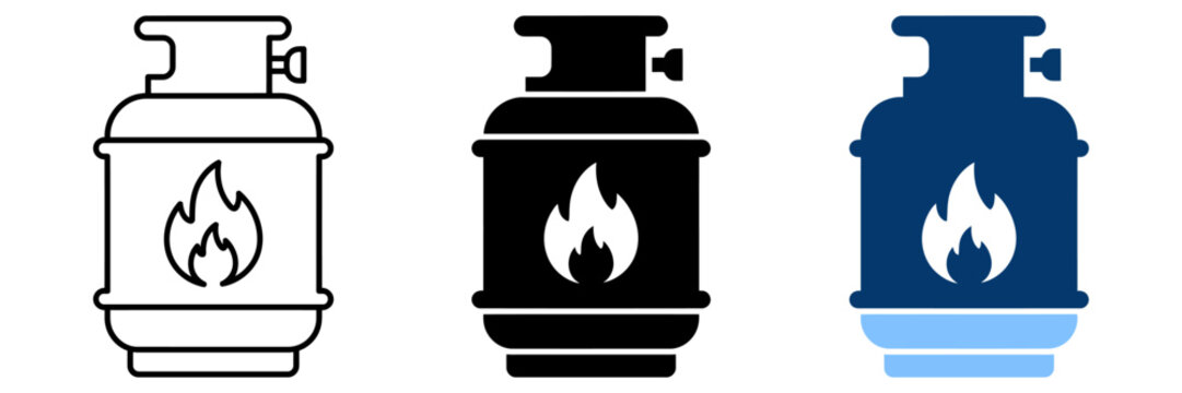 Gas cylinder icon set, propane tank vector illustrations, butane fuel bottle symbols for industrial and camping use