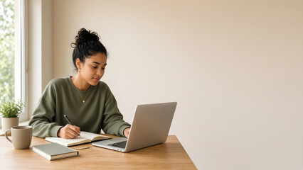 Fototapeta premium Young student studying at a desk with laptop
