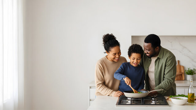 Family moment with generous negative space, parents and child interacting naturally, soft indoor light, genuine emotion, clean and modern composition