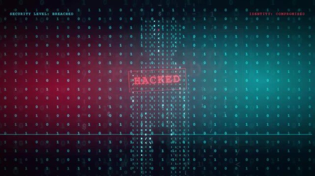 Digital Cyber Security Breach Animation with Binary Code and Hacked Warning Text on Screen