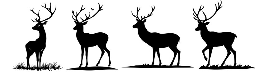Fototapeta premium Collection of four reindeer silhouettes with branching antlers. Bold black wildlife collection. Vector illustration.