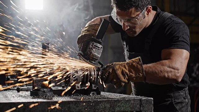 Muscular man wears protective gear using electric angle grinder for metal polishing sparking in dark workshop creating cinematic motion visual footage for industrial repair projects.