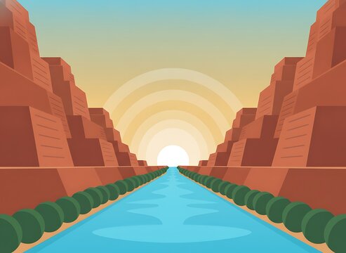 Symmetric desert oasis landscape with river and canyon at sunset vector illustration