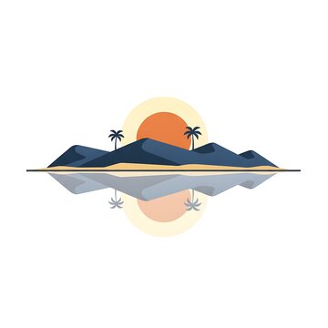 Minimalist desert oasis illustration with sunset and symmetrical water reflection