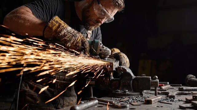 Close up of blacksmith working with angle grinder creating sparks on metal piece at workbench in workshop dynamic motion footage.