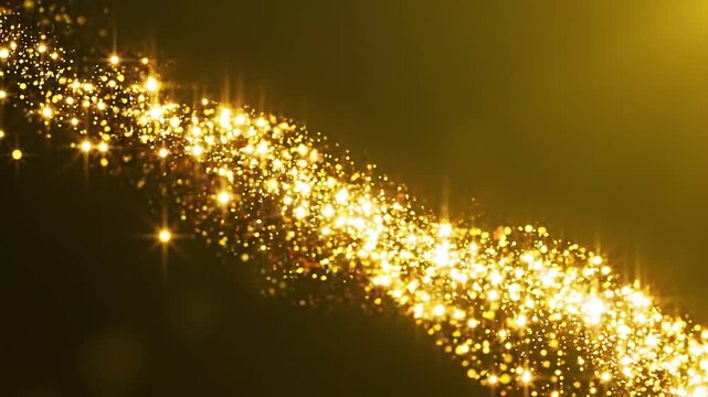 Abstract gold particle trail glowing light beam flowing across dark background luxurious motion graphic design element for wedding broadcast event invitation festive celebration backdrop.