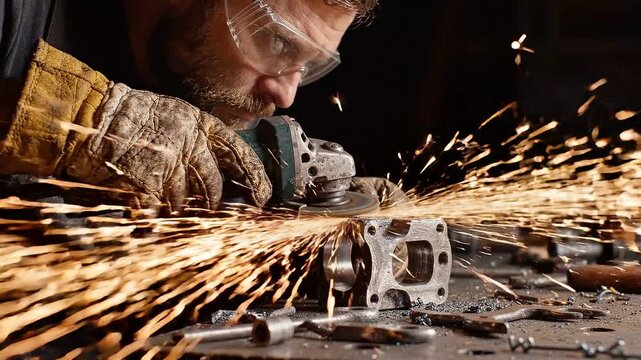 Skilled worker uses an angle grinder to cut metal workpiece in workshop with flying sparks creating bright dynamic light trails for heavy duty manufacturing industrial footage shot.