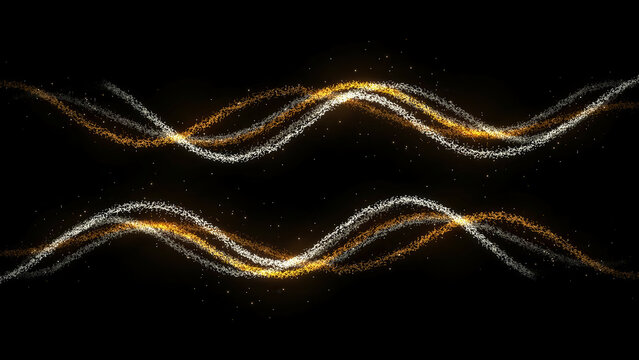 Abstract golden and silver sparkly wave lines flowing across a black background