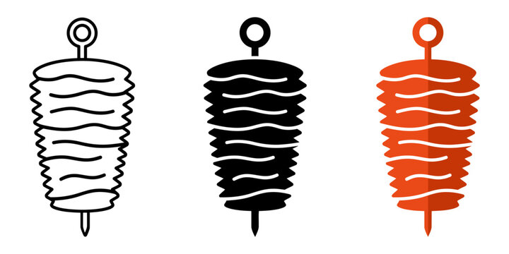 Doner kebab vector icons set, shawarma meat on rotisserie skewer, middle eastern food symbols for restaurant menus and signage