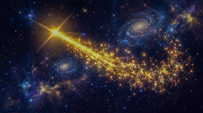 Brillante estrella fugaz dorada atravesando el cosmos con una estela resplandeciente de part&iacute;culas, rodeada de galaxias, nebulosas y constelaciones.