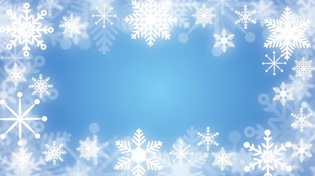 Animated video of frosty blue sky background Moving and rotating white sparkling snowflakes forming festive frame on sides Copy space for text Christmas winter holiday loop animation