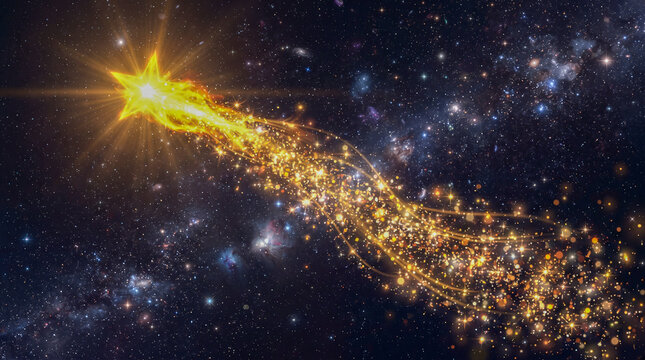 Brillante estrella fugaz dorada atravesando el cosmos con una estela resplandeciente de part&iacute;culas, rodeada de galaxias, nebulosas y constelaciones.