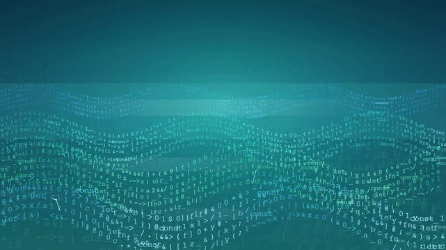 Abstract digital data wave with flowing binary code and programming symbols on teal background