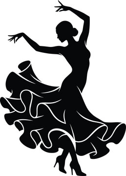 Elegant flamenco dancer performing traditional artistic moves featuring flowing skirt details in this high quality black vector graphic illustration in white background