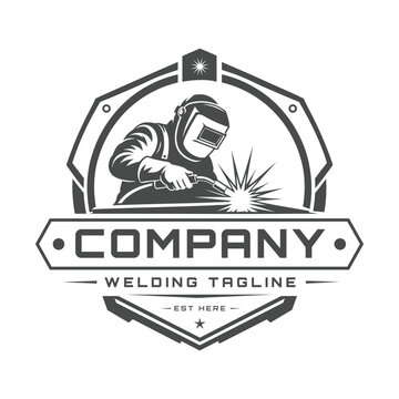 Welding Company Logo with Welder and Spark Emblem.