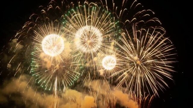 Grand golden and green fireworks exploding in the dark night sky close up, concept of new year, independence day, holiday festival background.
