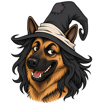 Funny German Shepherd dog face wearing Halloween witch hat with long hair.
 Happy autumn animal character portrait vector illustration clipart isolated 
on black.
