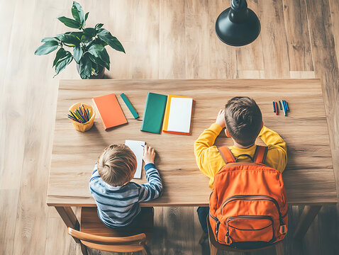 Two young boys doing homework at a wooden table with school supplies