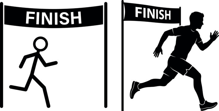 Vector illustration set of stick figure and athlete silhouette runners crossing a finish line banner