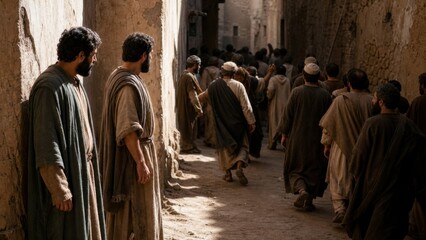 Naklejka premium Two biblical men watch a crowd leave ancient Jerusalem through a narrow stone street. Historical scene illustrating warning, escape, persecution and the destruction of the temple.