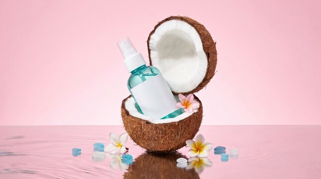 Coconut halves holding a spray bottle with blue liquid, surrounded by tropical flowers and blue cubes on a reflective surface.