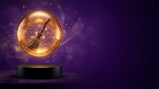 A glowing magical crystal ball featuring a witch broomstick for a festive halloween celebration background design