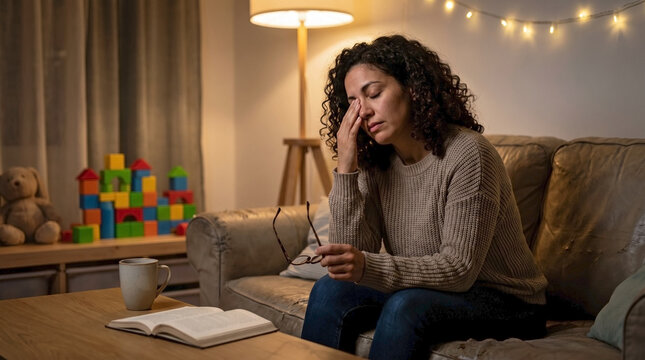 Tired young woman taking off her glasses, sitting on sofa in warm lit home. Curly haired woman taking off her glasses, rubbing eyes with fatigue after challenging day. Image depicts eye strain