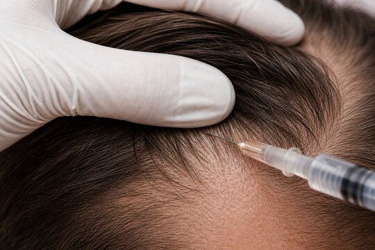 Mesotherapy injection needle treating hairline and hair root area on patient