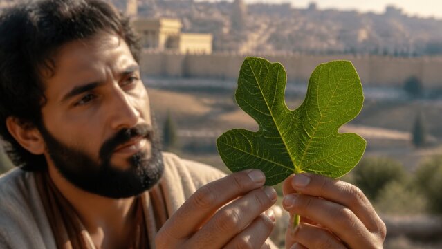 Bearded man holding a fig leaf before Jerusalem. Biblical parable of the fig tree, signs of approaching summer, spiritual vigilance, prophecy, and hope in the Gospel of Luke.
