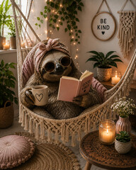 Naklejka premium Surreal Sloth Relaxing in a Boho Hammock with a Book and Coffee