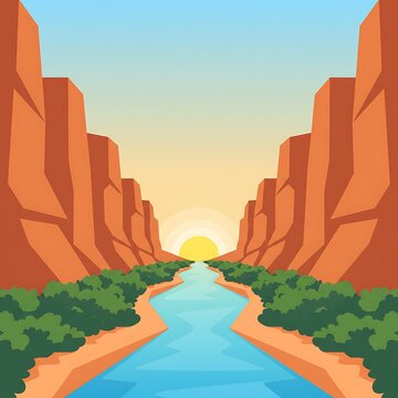 Canyon river landscape with sunrise, desert oasis scenery with rocky cliffs and water.