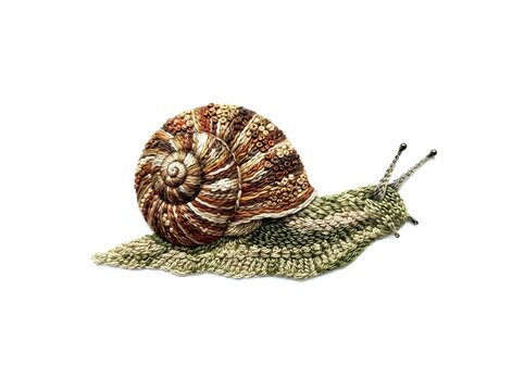 Garden snail with brown spiral shell and green body moving slowly