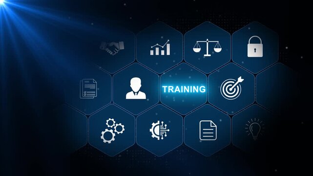 Training concept featuring education, skill development and learning symbols within glowing blue hexagonal panels on a dark corporate background
