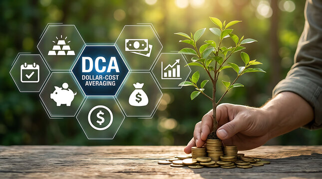 Dollar cost averaging investment strategy growing plant from coins DCA finance