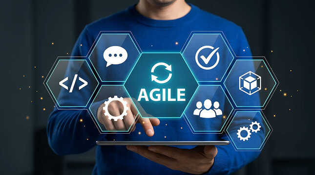 Agile software development method and scrum lifecycle process concept on tablet