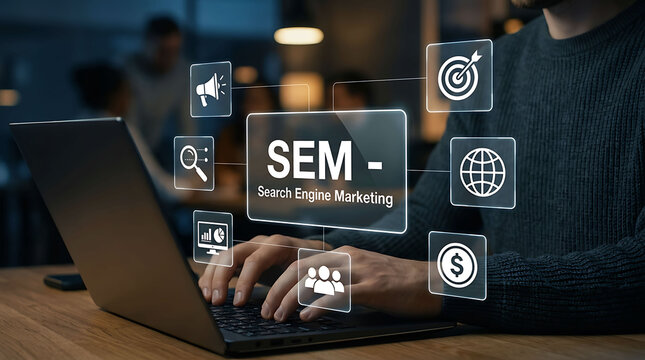 Search Engine Marketing SEM digital strategy concept with person working on laptop