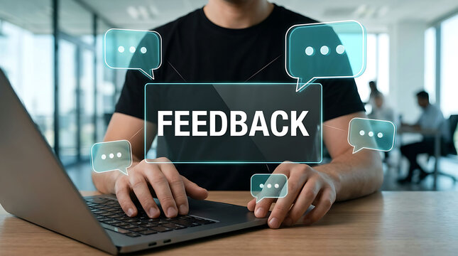 Customer feedback and review concept with man typing on laptop in modern office