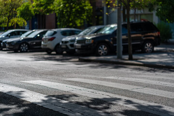 Fototapeta premium Empty zebra crosswalk on a sunlit urban road with parked cars softly blurred in the background