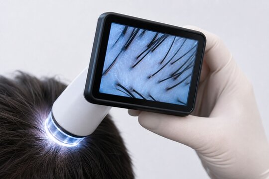 Trichoscope screen displaying magnified hair follicle image during scalp exam