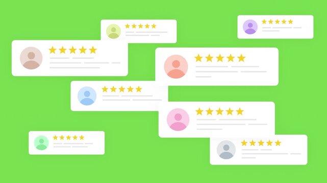 Animated five-star customer reviews and rating cards with colorful user avatars on green background. Concept of positive feedback, testimonials, reputation. Alpha channel