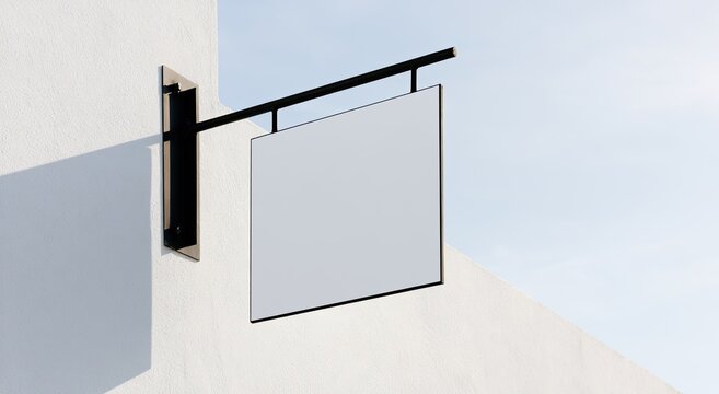 Blank square sign hangs from black bracket on white textured wall, sky background