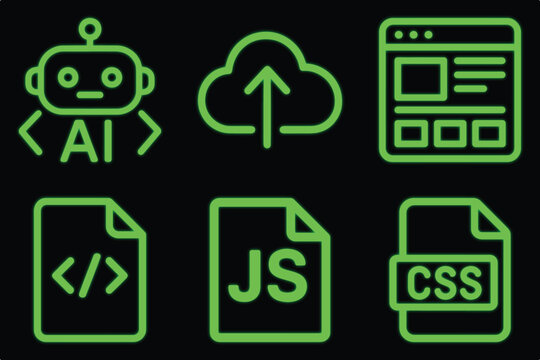 Software development and programming icon set  neon green line art style