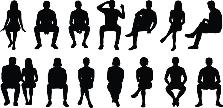 A collection of black silhouettes of people sitting in chairs or on surfaces, isolated on a white background, showing diverse seated postures and positions