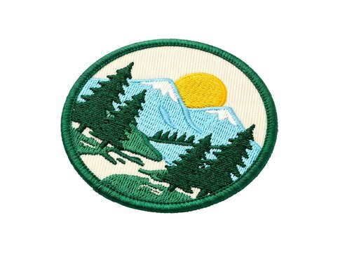 Embroidered mountain forest patch with sun and pine trees, oval badge