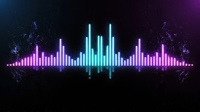 Dynamic audio visualizer with pulsating neon bars and glowing particles in dark cyberspace setting - modern equalizer motion graphic.