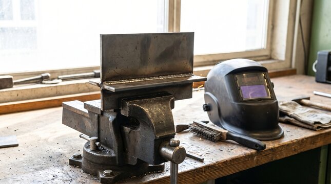 Practice Weld Joint Clamped In A Bench Vice Beside A Welding Mask as Apprentice Training
