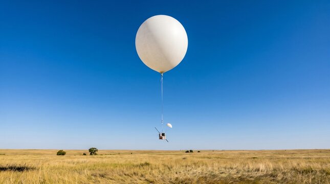 Radiosonde Launch: White Weather Balloon Rising Over An Open Field Under A Clear Blue Sky