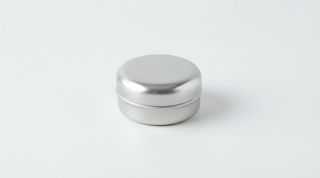 Metallic round tin container with hinged lid on white background