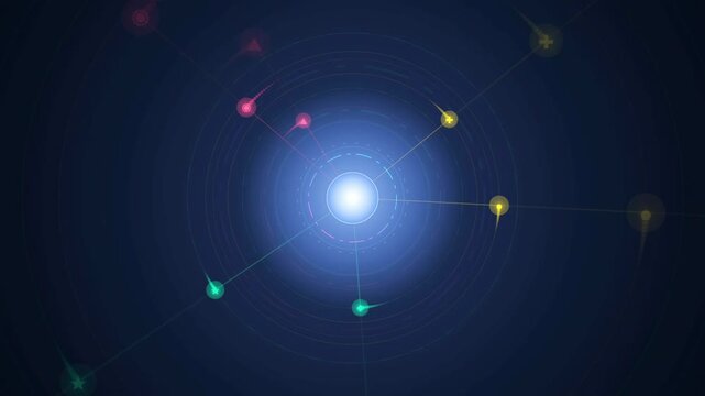 Abstract digital network animation with glowing particles orbiting a central light source on dark blue background