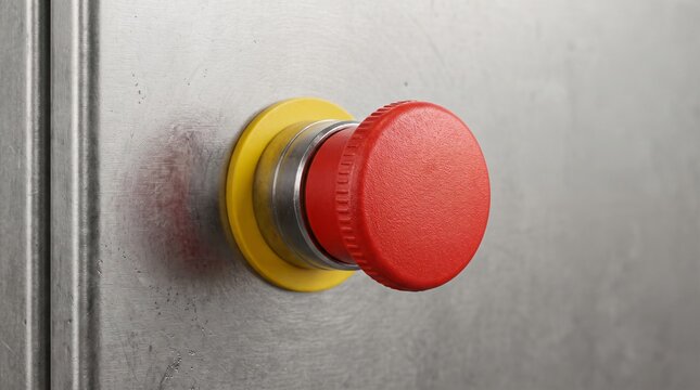 Kill Switch Concept, Large Red Mushroom Emergency Stop Button On A Plain Machine Panel
